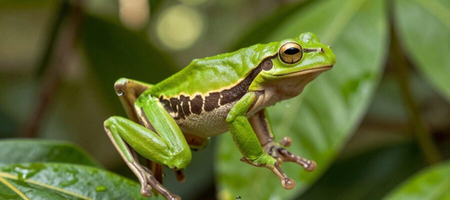 Una rana arborícola verde salta por el aire con sus extremidades traseras completamente extendidas en medio de una selva tropical.