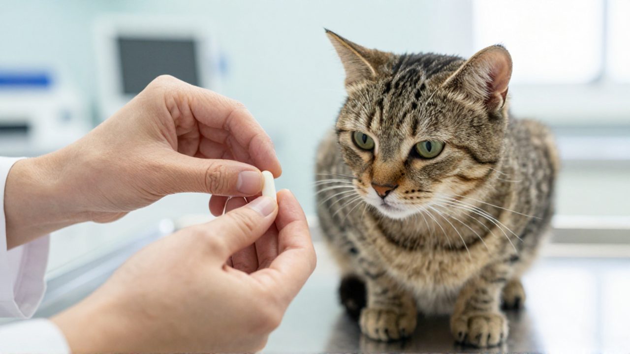 Manos de un veterinario sosteniendo una cápsula junto a un gato atigrado sobre una mesa de acero en una clínica.