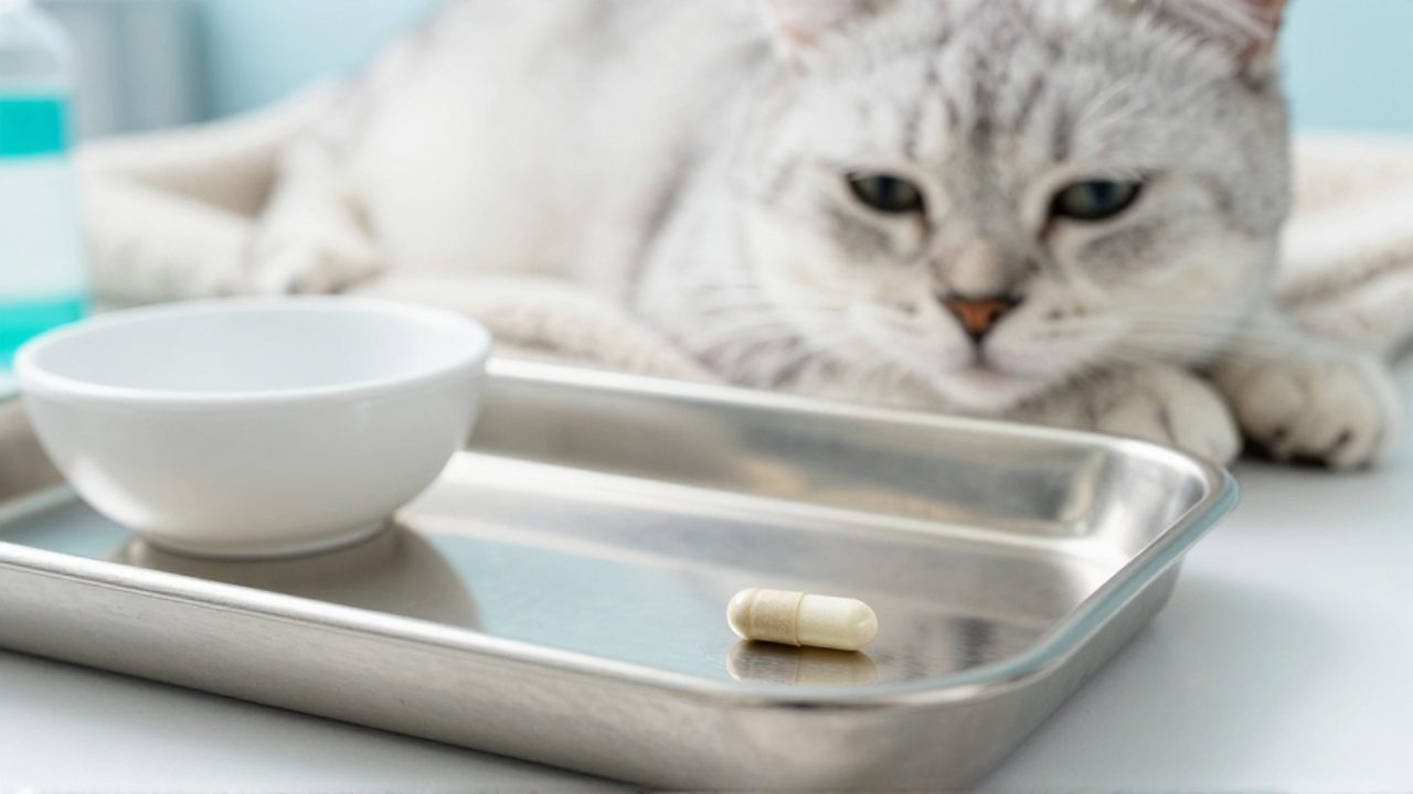 Una cápsula médica sobre una bandeja de acero inoxidable en un entorno veterinario, con un gato descansando de fondo.