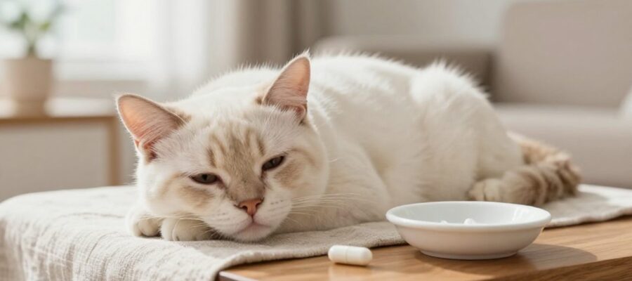 Gato doméstico descansando plácidamente junto a un cuenco de medicación y una cápsula sobre una mesa de madera.