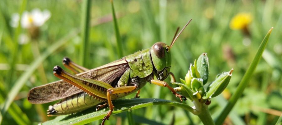 Saltamontes verde alimentándose de un brote de planta con gotas de rocío en un prado soleado.