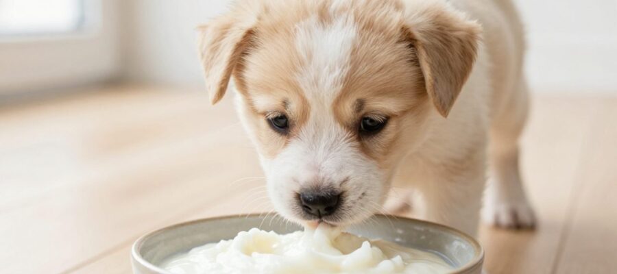 Un cachorro pequeño olfatea un cuenco de cerámica con comida blanda para el destete sobre un suelo de madera.