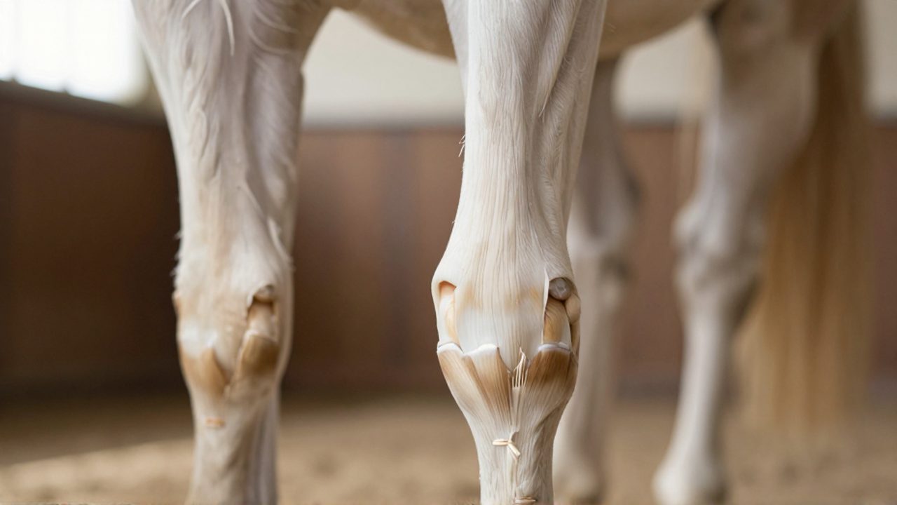 Primer plano detallado de la parte inferior de la pata de un caballo, mostrando la estructura de los tendones y ligamentos en la zona del menudillo.