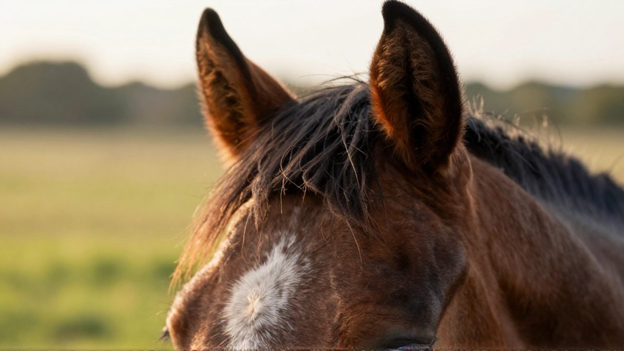 Primer plano de la cabeza de un caballo donde se detallan su ojo oscuro y su oreja móvil para mostrar su estructura sensorial.