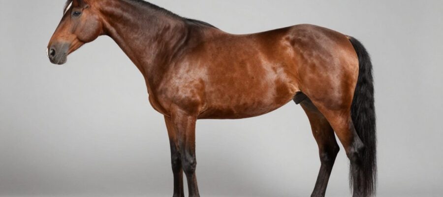 Perfil de un caballo de color marrón que muestra su musculatura definida y la estructura de su cuello, espalda y extremidades sobre un fondo neutro.