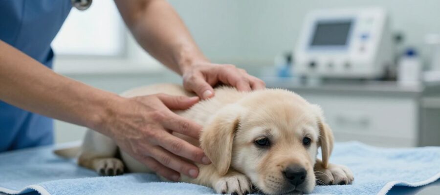 Un veterinario acaricia con cuidado a un cachorro de labrador debilitado sobre una toalla azul en la clínica.