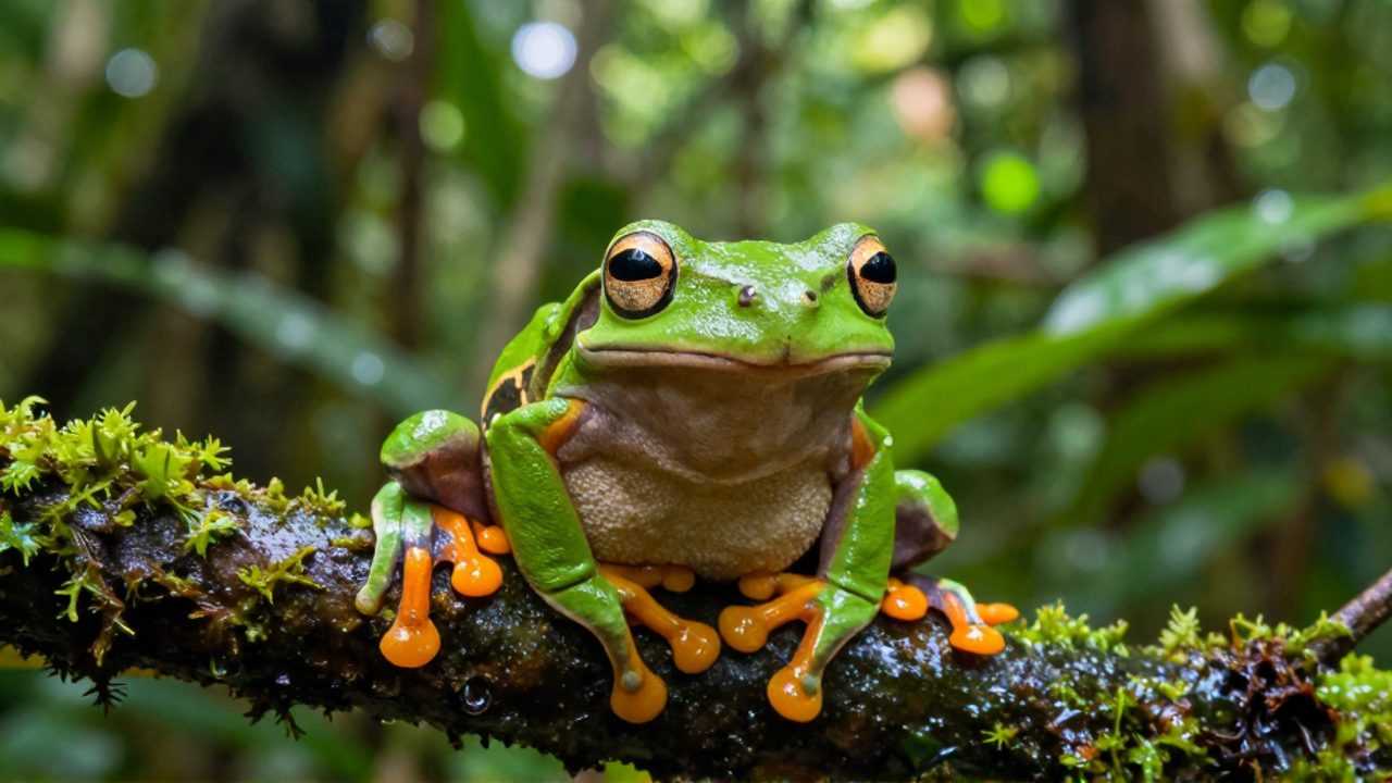 Rana arborícola de color verde brillante con puntas de las patas naranjas posada sobre una rama con musgo en una selva tropical.