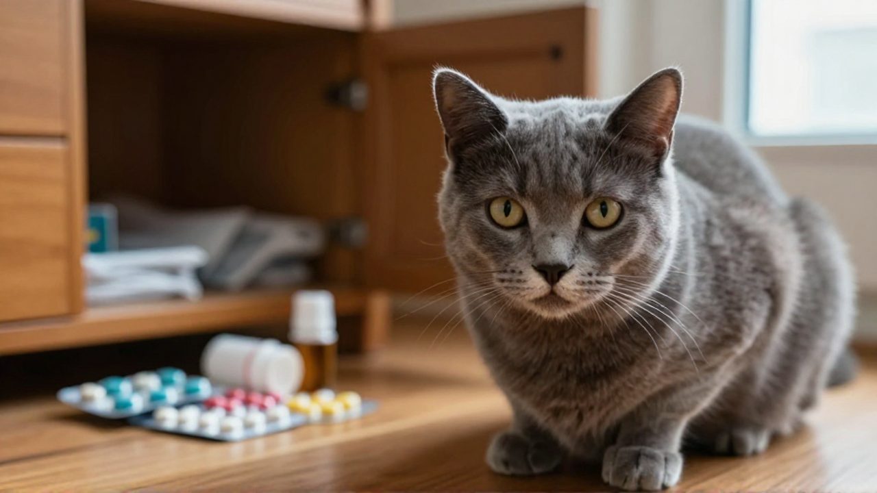 Un gato sentado en el suelo mira con cautela hacia la cámara cerca de un botiquín abierto con blísteres y frascos de medicamentos humanos.