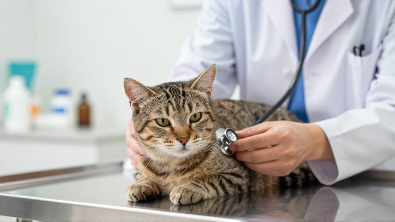 Un veterinario examina con un estetoscopio a un gato doméstico sobre una mesa de exploración clínica.