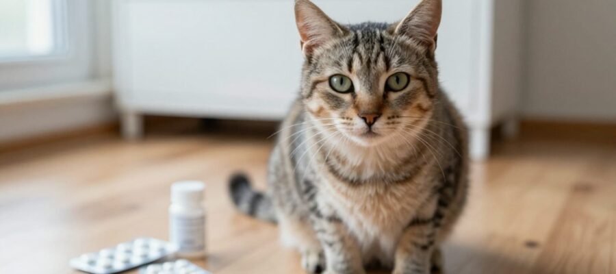 Gato doméstico sentado en el suelo de madera junto a blísteres de medicamentos para humanos desenfocados en primer plano.