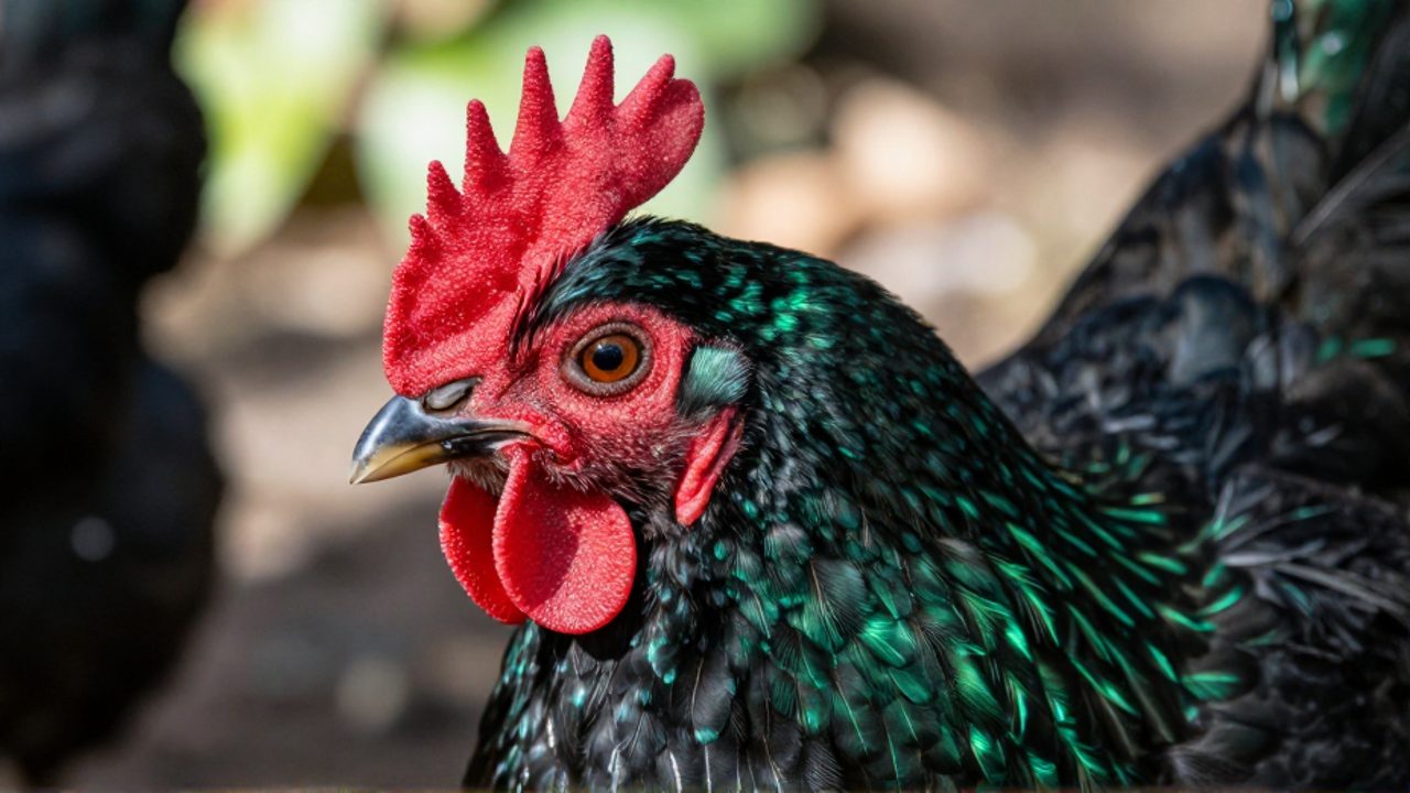 Primer plano de la cabeza de una gallina Australorp con cresta roja, ojos oscuros y plumaje negro con reflejos verdes iridiscentes.
