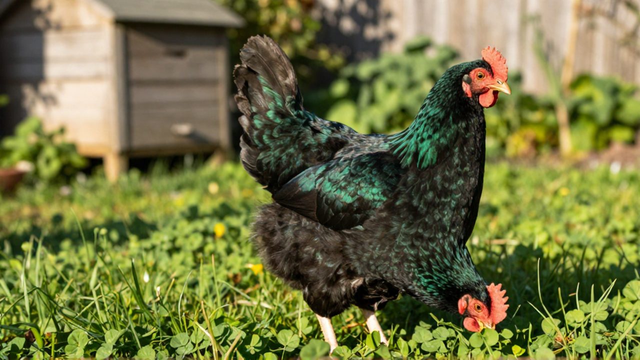 Una gallina Australorp de plumaje negro brillante busca alimento entre la hierba verde en un jardín soleado.