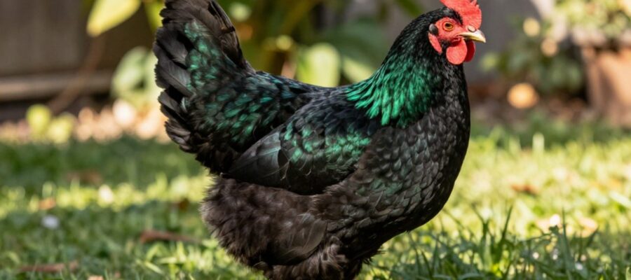 Una gallina Australorp de plumaje negro con reflejos verdes iridiscentes destaca en un jardín soleado.