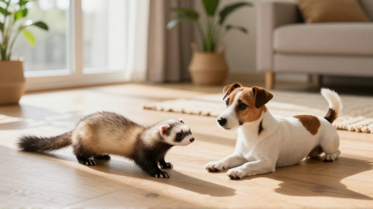 Un hurón y un perro Jack Russell Terrier juegan juntos sobre el suelo de una sala iluminada por el sol.