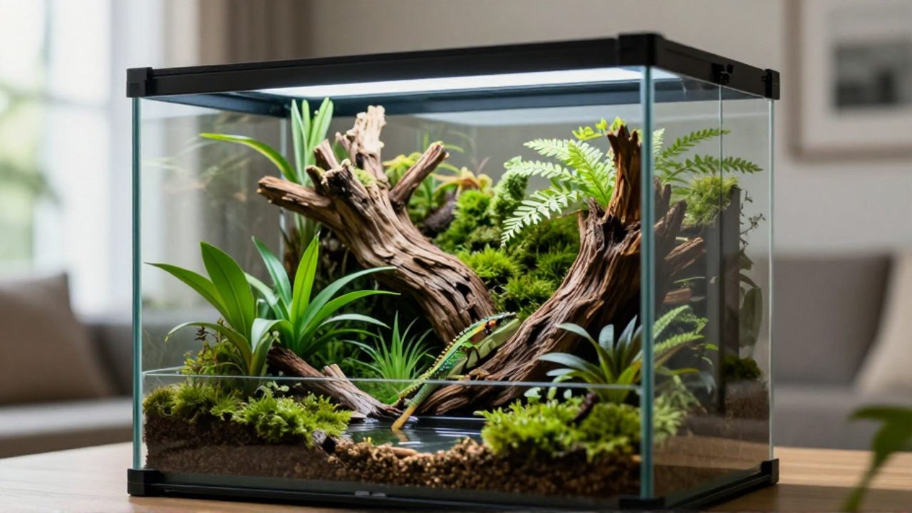 Terrario bioactivo con vegetación tropical y musgo que sirve como hábitat natural para mascotas exóticas en un entorno doméstico.