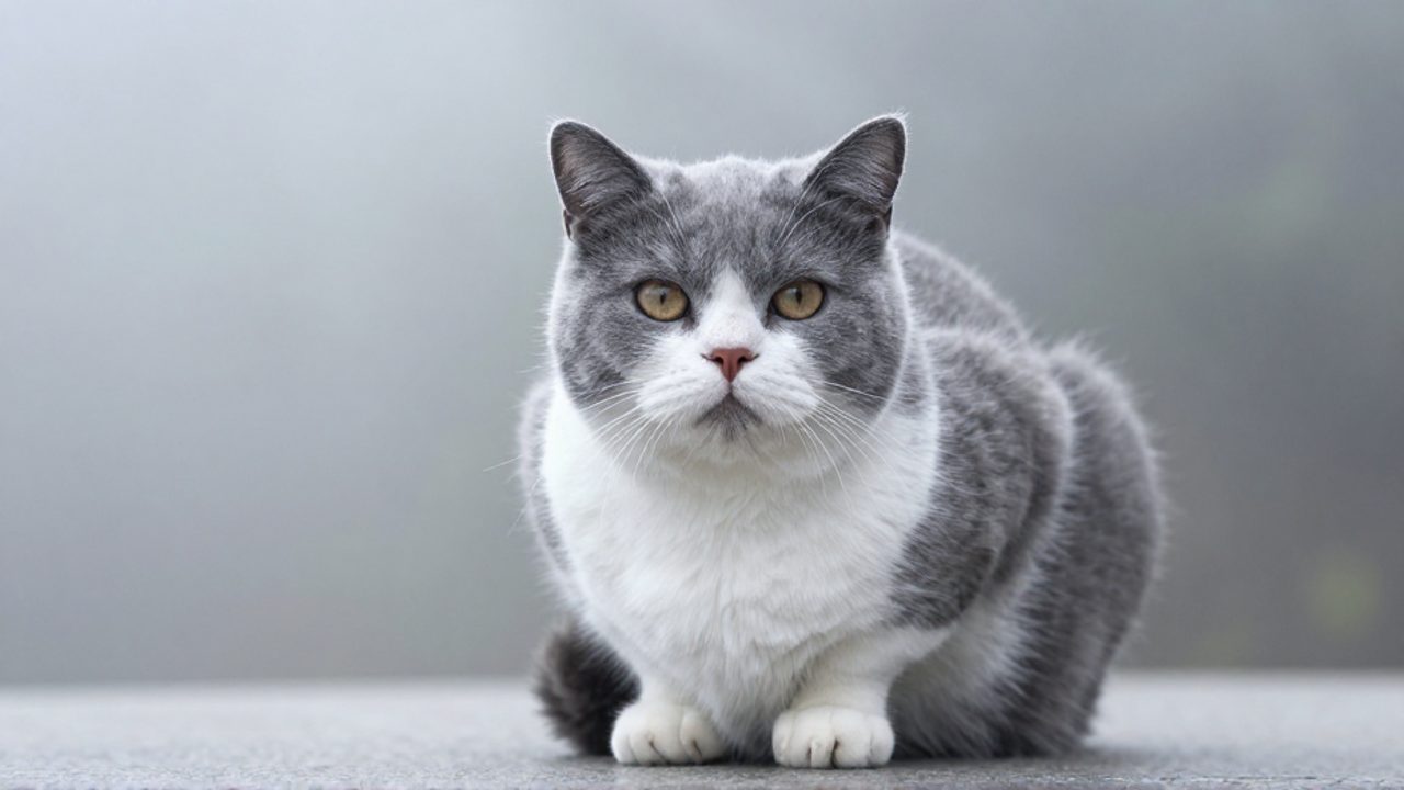 Gato bicolor de pelaje gris y blanco sentado sobre una piedra en un entorno natural con niebla.
