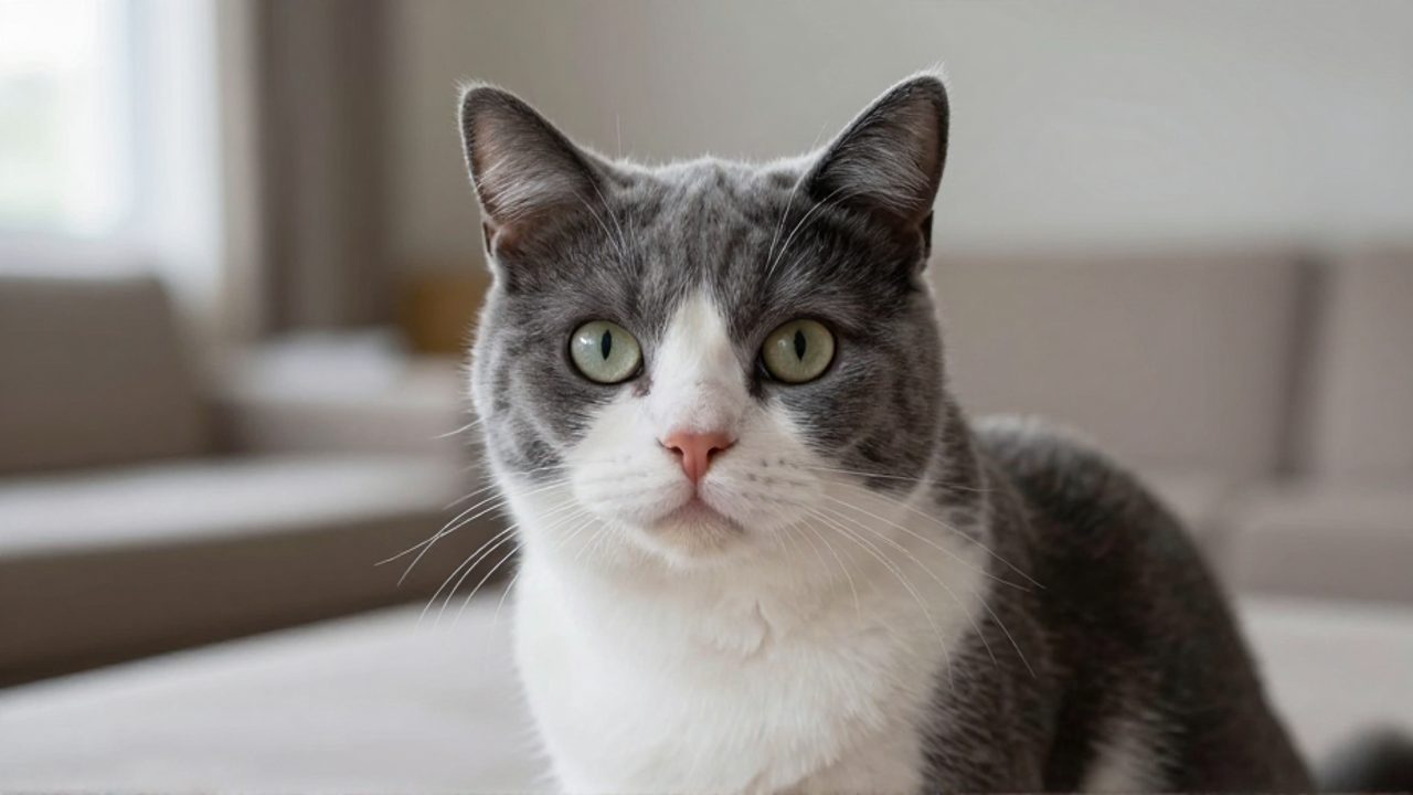 Primer plano de un gato bicolor gris y blanco mirando con atención hacia la cámara en una estancia iluminada por luz natural.