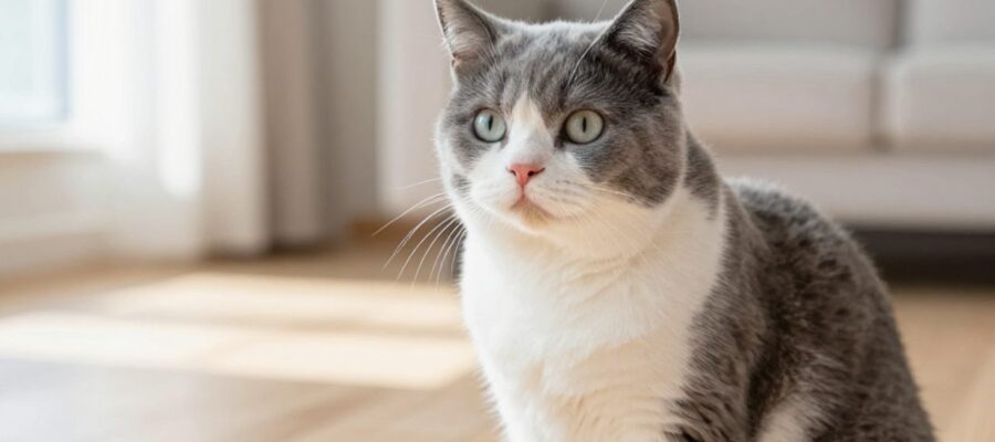 Gato de pelaje gris y blanco sentado elegantemente en un suelo de madera en una sala iluminada por el sol.