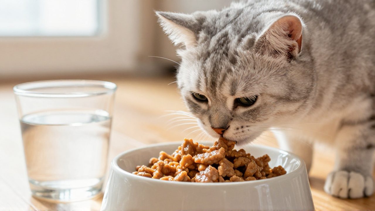 Un gato doméstico olfatea un cuenco con comida húmeda junto a un recipiente de agua fresca en un ambiente luminoso.