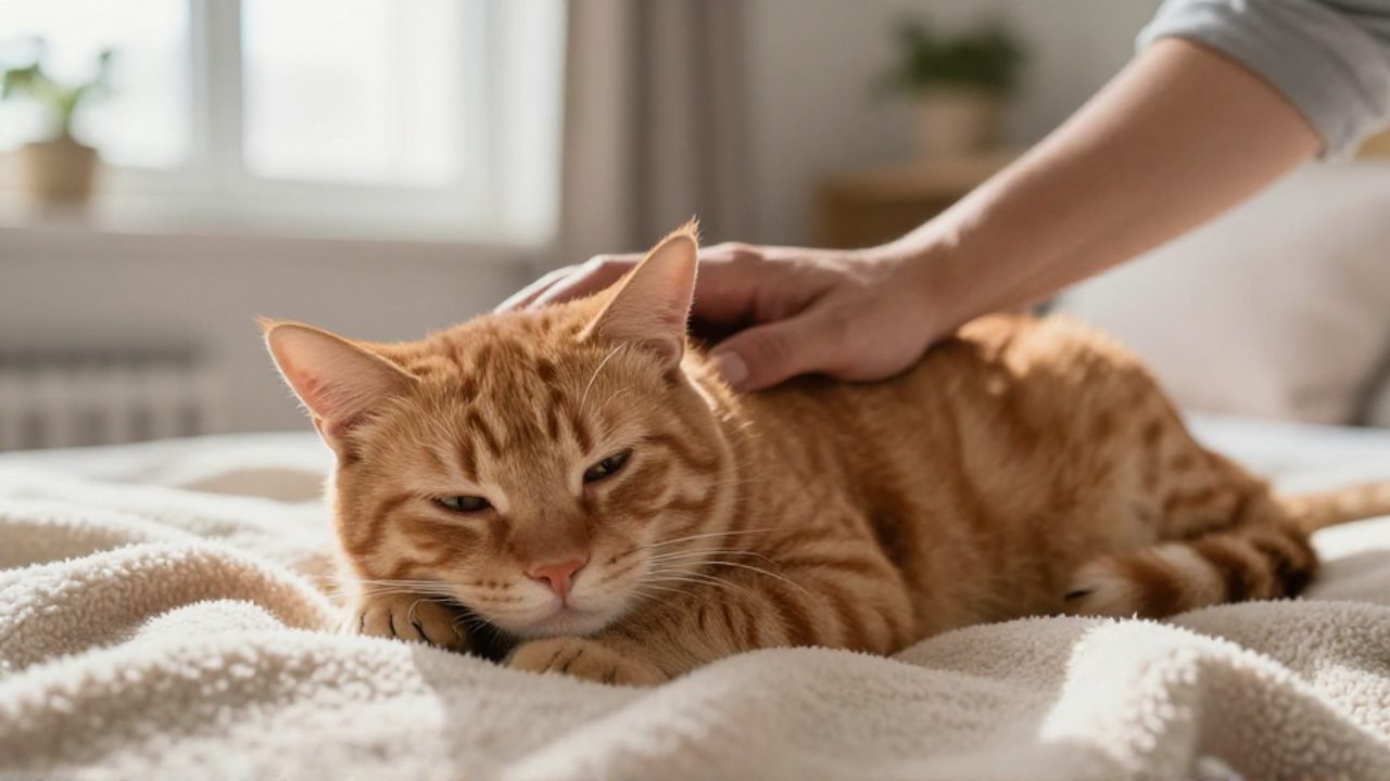 Una persona acaricia con delicadeza a un gato naranja que se encuentra decaído y acostado sobre una manta.