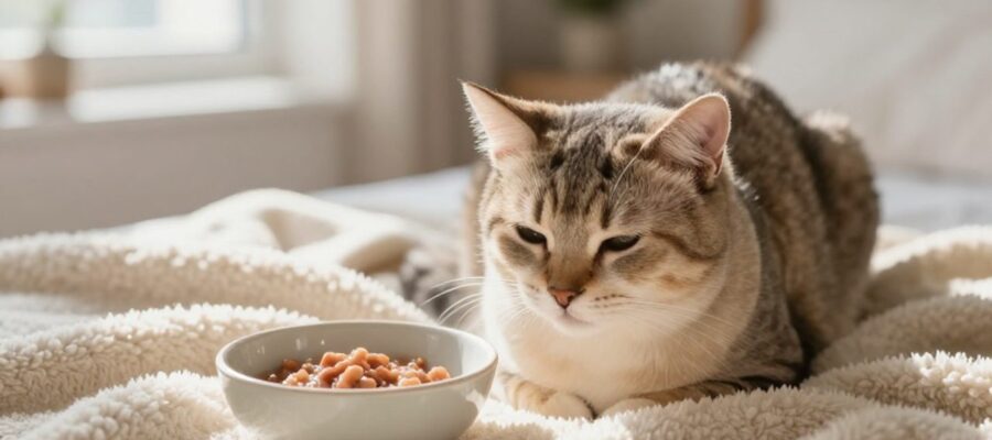 Un gato descansa de forma tranquila sobre una manta suave junto a un cuenco con comida húmeda en un entorno acogedor.