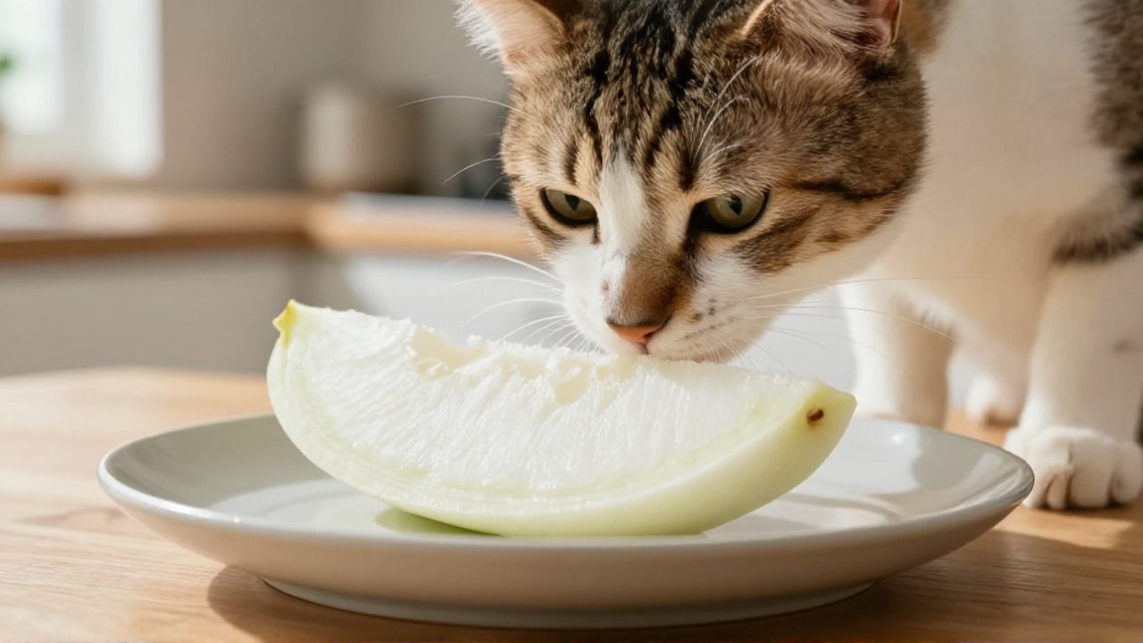 Un gato doméstico olfatea con curiosidad una rodaja de jícama pelada sobre un plato en una cocina iluminada.
