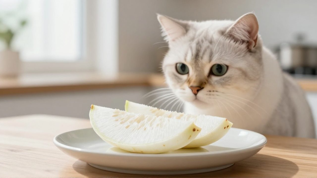Un gato observa con curiosidad una rodaja pequeña de jícama pelada sobre un plato en una cocina iluminada.