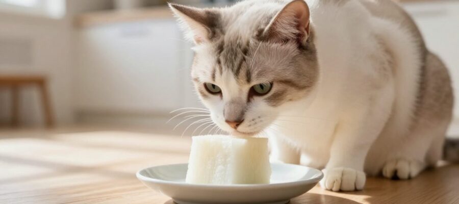 Un gato curioso olfatea un pequeño trozo de jícama sobre un plato de cerámica en una cocina luminosa.