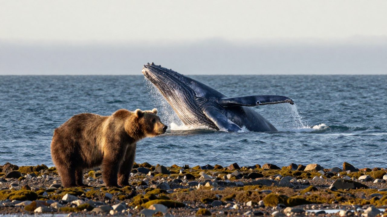Una ballena azul emerge del océano frente a un oso grizzly parado en una costa rocosa para comparar la escala entre ambos animales.
