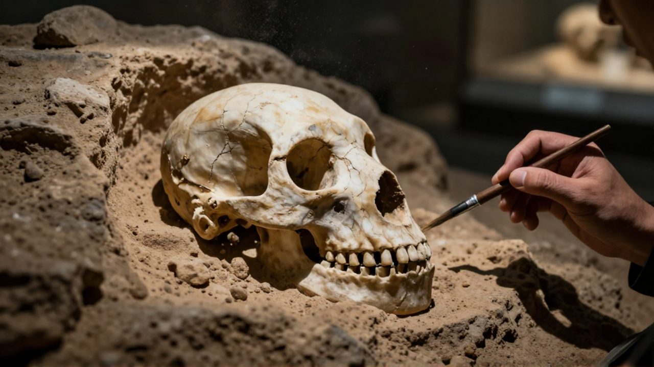 Primer plano de un cráneo fósil de una especie extinta incrustado en una capa de roca sedimentaria durante una excavación arqueológica.