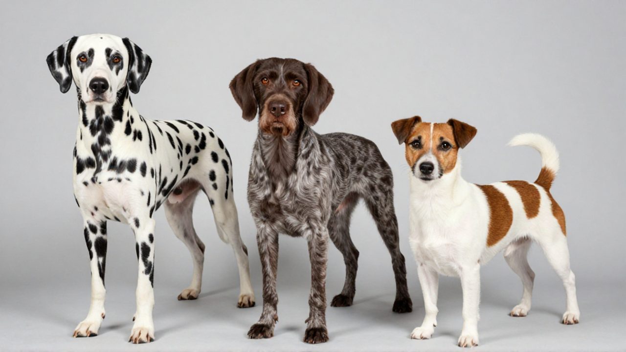 Tres perros de distintas razas muestran diversos patrones de pelaje: un dálmata con manchas negras, un pointer inglés con moteado fino y un Jack Russell con manchas sólidas sobre un fondo gris.