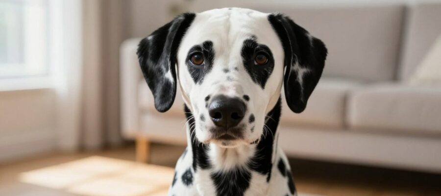 Primer plano de un perro dálmata con manchas negras bien definidas sobre su pelaje blanco en una sala de estar iluminada.