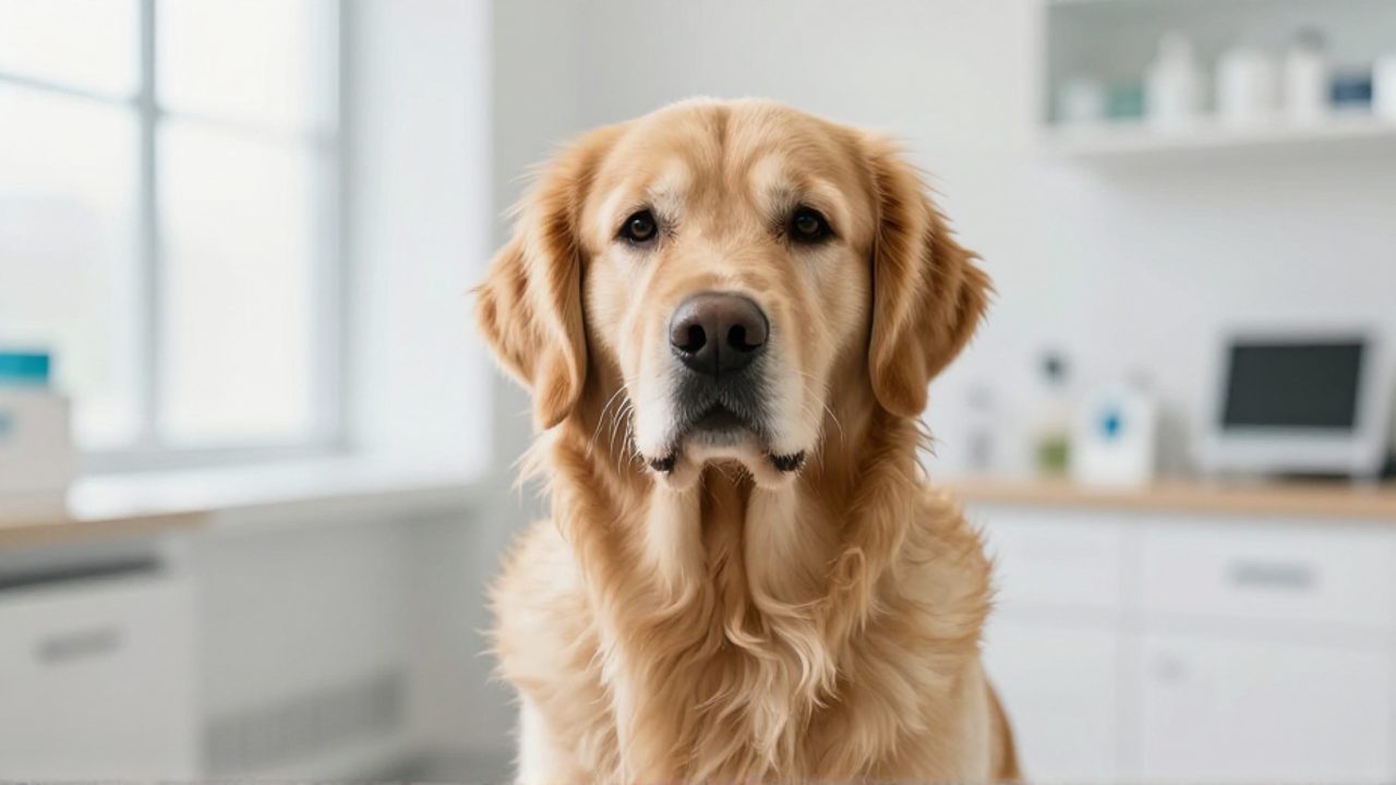 Perra Golden Retriever sentada con aspecto saludable y tranquilo en una clínica veterinaria luminosa.