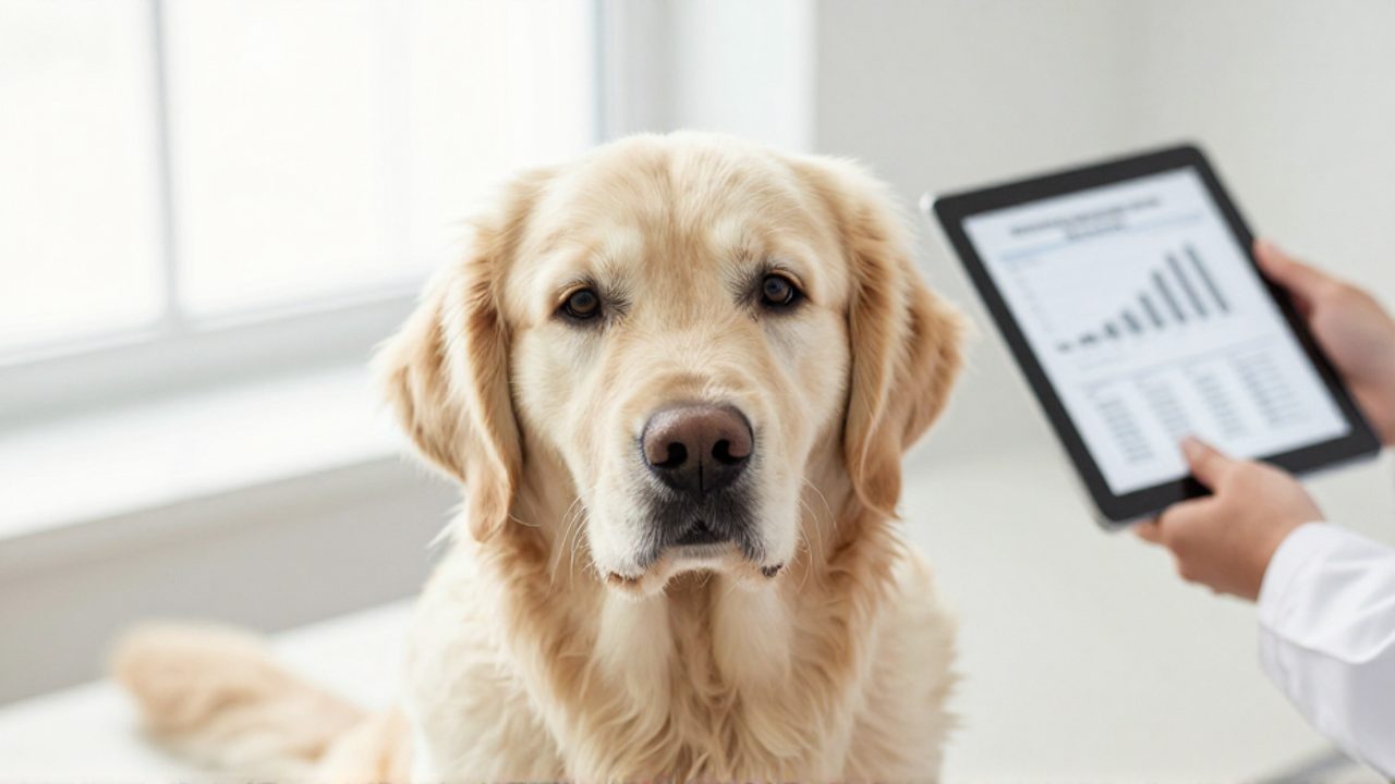 Perra Golden Retriever con aspecto saludable en una clínica veterinaria junto a un profesional que monitoriza su registro médico en una tableta.