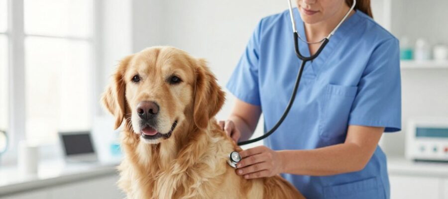 Un veterinario realiza un examen físico con un estetoscopio a una perra Golden Retriever en una clínica moderna.