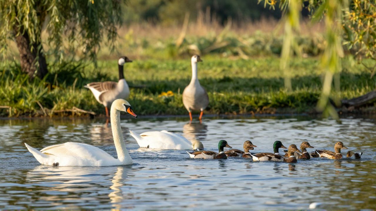 Un grupo de cisnes, patos y un ganso conviven en un lago tranquilo rodeado de vegetación durante el atardecer.