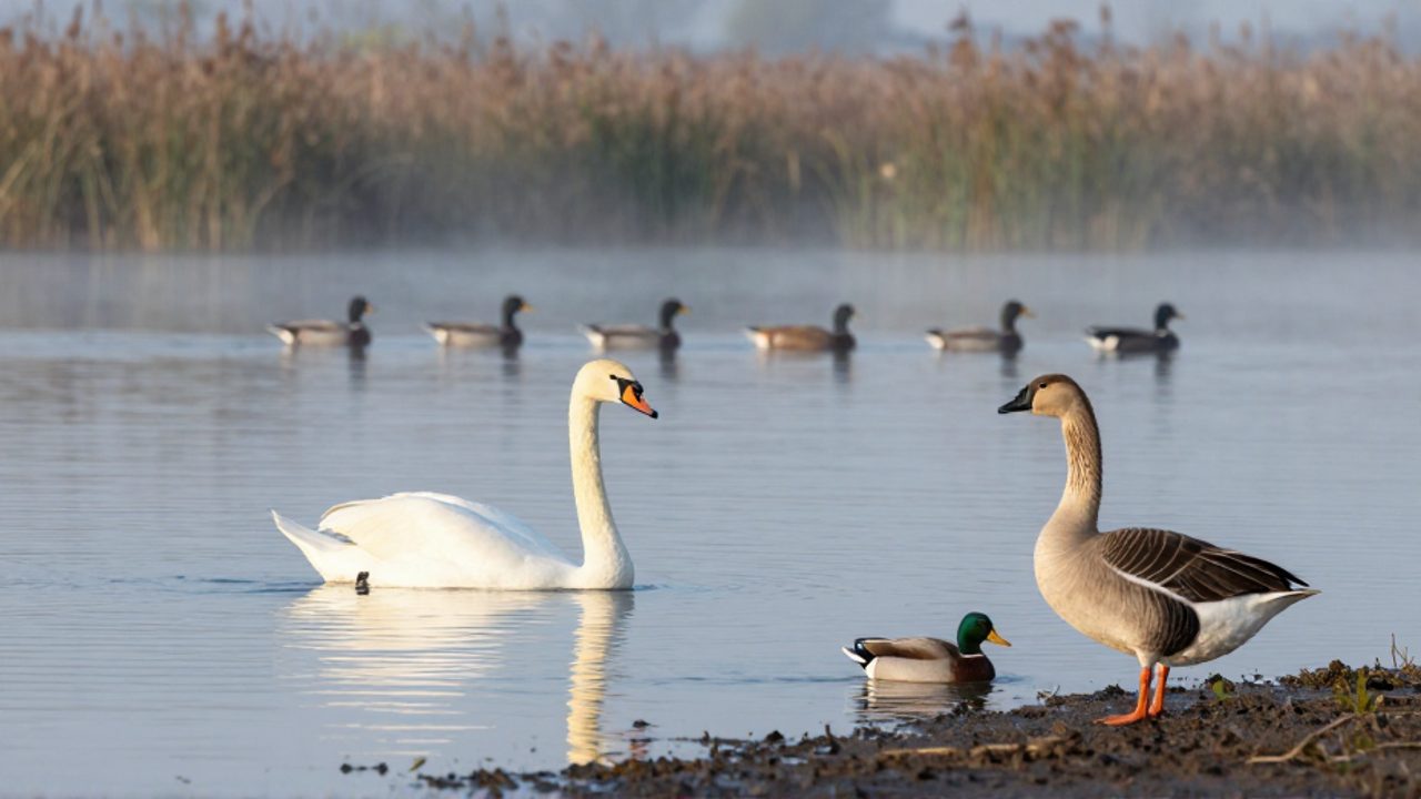 Un cisne blanco, un ganso y un pato nadan y descansan en un humedal con niebla matutina, mostrando las diferencias de tamaño entre las especies.
