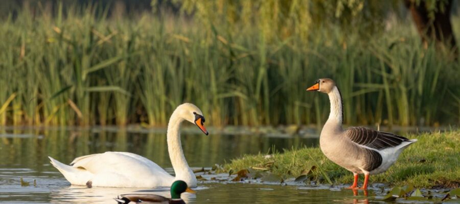 Un cisne blanco, un ganso con pico naranja y un pato ánade real conviven en un humedal rodeado de vegetación.