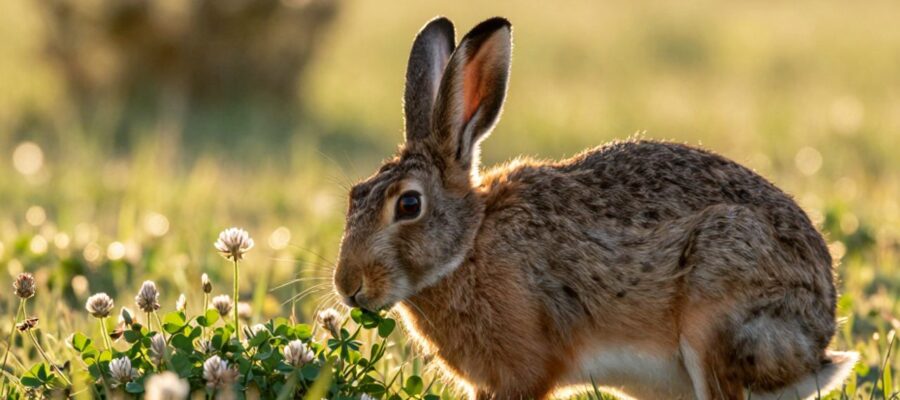 Una liebre silvestre busca alimento entre la hierba y el trébol en un prado iluminado por el sol.
