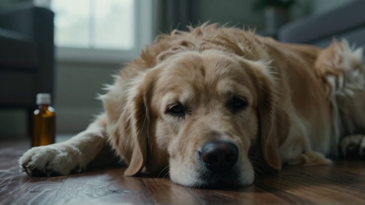 Un perro Golden Retriever con aspecto decaído y débil descansa su cabeza sobre el suelo de una sala.