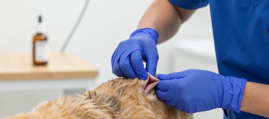 Un veterinario con guantes azules examina con cuidado la piel de un perro sobre una mesa de consulta.