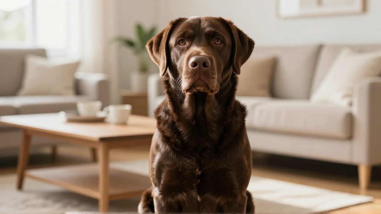 Un perro labrador de color chocolate sentado tranquilamente en un salón luminoso y moderno.
