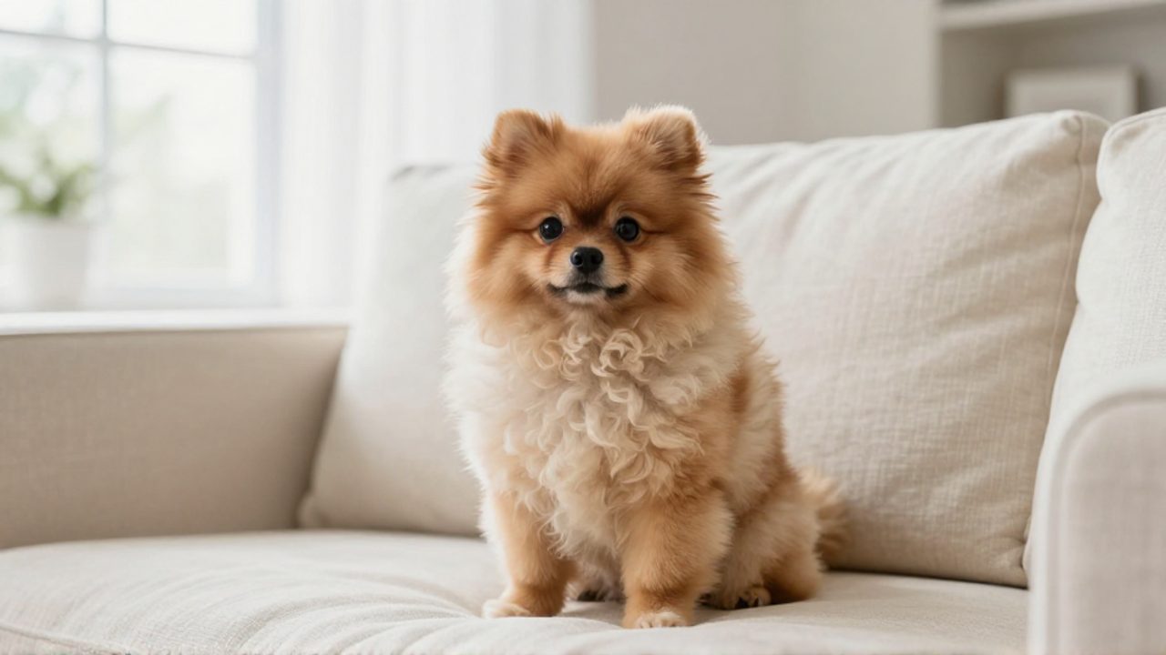 Perro híbrido Pomapoo de pelo rizado y esponjoso sentado sobre un sofá en una sala luminosa.