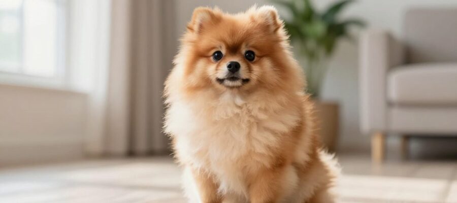 Perro Pomerania de pelaje espeso color crema sentado en el suelo de una sala de estar luminosa.