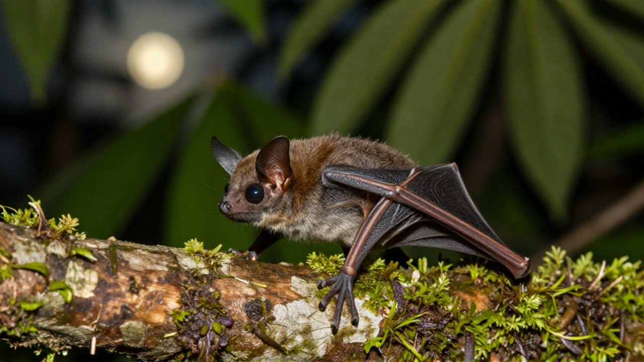 Un murciélago insectívoro posado en una rama con musgo en un entorno de selva tropical al atardecer.