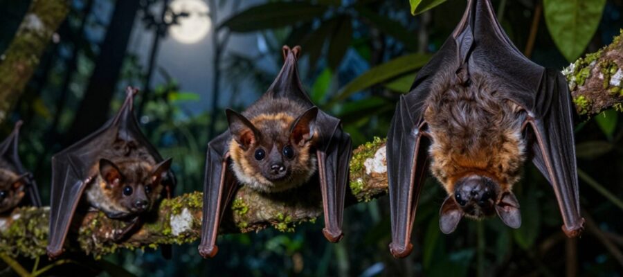Un pequeño murciélago insectívoro y un murciélago frutero posan sobre una rama con musgo en la selva tropical.