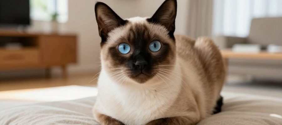 Gato siamés de ojos azules y pelaje crema sentado sobre un cojín en una sala iluminada por el sol.
