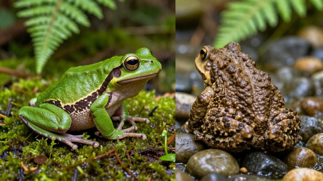 Comparación entre una rana arborícola de piel verde y suave junto a un sapo de piel rugosa y tonos tierra sobre un lecho de musgo húmedo.