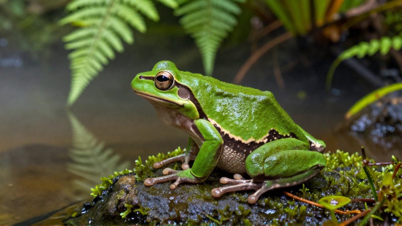 Rana de árbol verde sobre una piedra con musgo a la orilla de un estanque tropical.