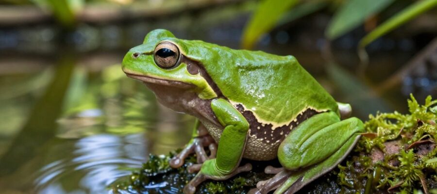 Rana arborícola de color verde brillante posada sobre una rama con musgo frente a un estanque en la selva.